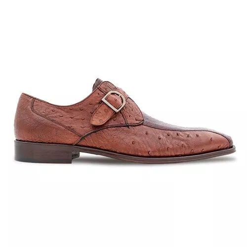 Men's Brown Leather Monk Strap Shoes: Genuine Ostrich Leg Quill