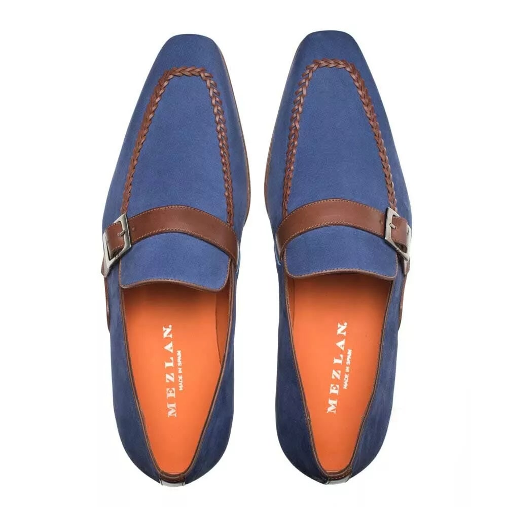 Mezlan Men's Leather Loafers: Navy & Cognac Nubuck/Calfskin Slip-On Dress Shoes