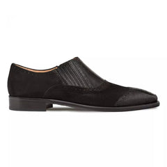 Men's Black Ostrich & Suede Slip-On Dress Shoes - Luxury Gored Loafers by Mezlan