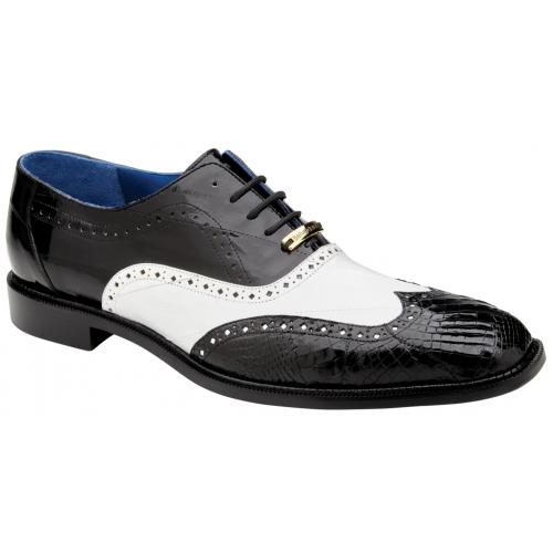 Men's Belvedere Varo Exotic Wingtip Dress Shoes, Black/White Alligator & Eel Leather