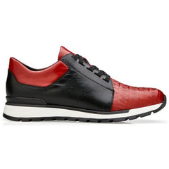 Genuine Crocodile & Calfskin Leather Sneakers - Belvedere Titan Black/Red Casual Shoes