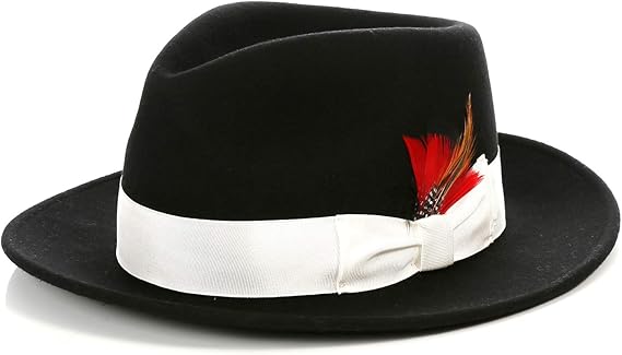 Men's Wool Fedora Hat - Crushable, Black & White with Removable Feather