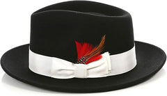 Men's Wool Fedora Hat - Crushable, Black & White with Removable Feather