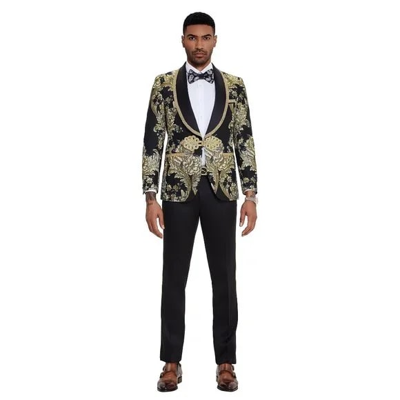 Tazzio Men's 2-Piece Black Paisley Prom Suit 2024 - Slim Fit Formal Tuxedo