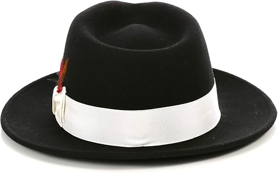 Men's Wool Fedora Hat - Crushable, Black & White with Removable Feather