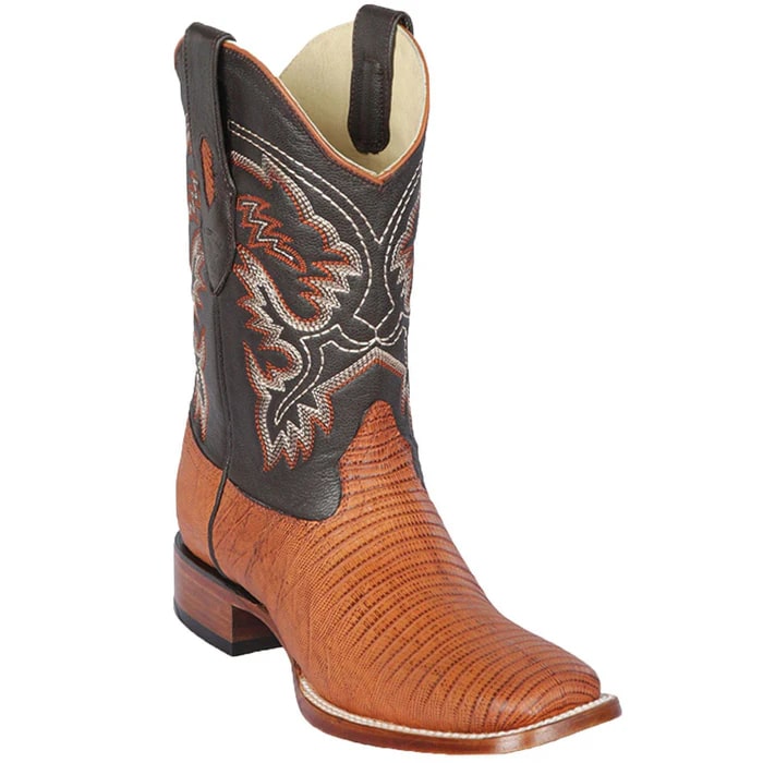 Men's Lizard Print Leather Cowboy Boots - Square Toe Western Dress Boots - Honey Brown