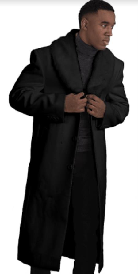 Men's Black Wool Overcoat with Fur Collar - Winter Warm Topcoat