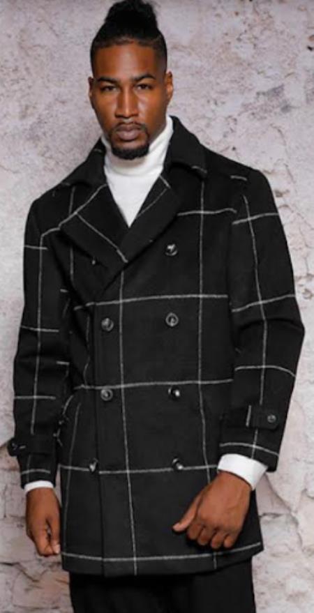 Men's Black Plaid Peacoat: Warm Winter Wool Blend Coat