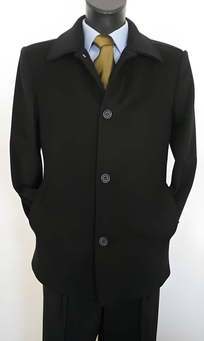 Men's Black Wool Overcoat - Mid-Length Car Coat