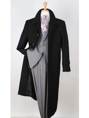 Men's Black Wool Overcoat - Wide Lapel Topcoat - 100% Gabardine Wool