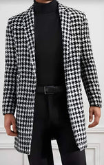 Men's Black & White Houndstooth Check Plaid Overcoat