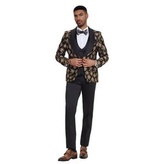 Men's 3-Piece Slim Fit Shiny Black & Pink Floral Suit - 2024 Prom/Wedding Tuxedo