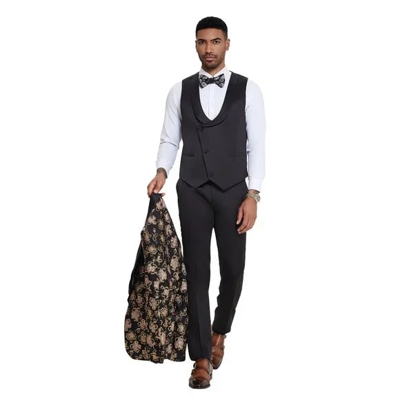 Men's 3-Piece Slim Fit Shiny Black & Pink Floral Suit - 2024 Prom/Wedding Tuxedo