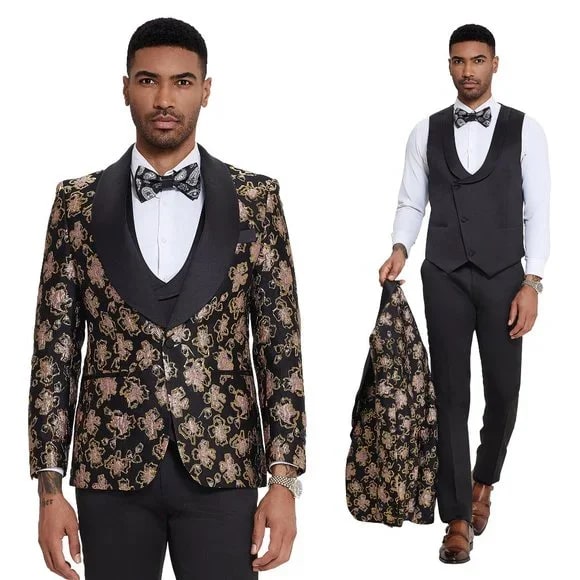 Men's 3-Piece Slim Fit Shiny Black & Pink Floral Suit - 2024 Prom/Wedding Tuxedo