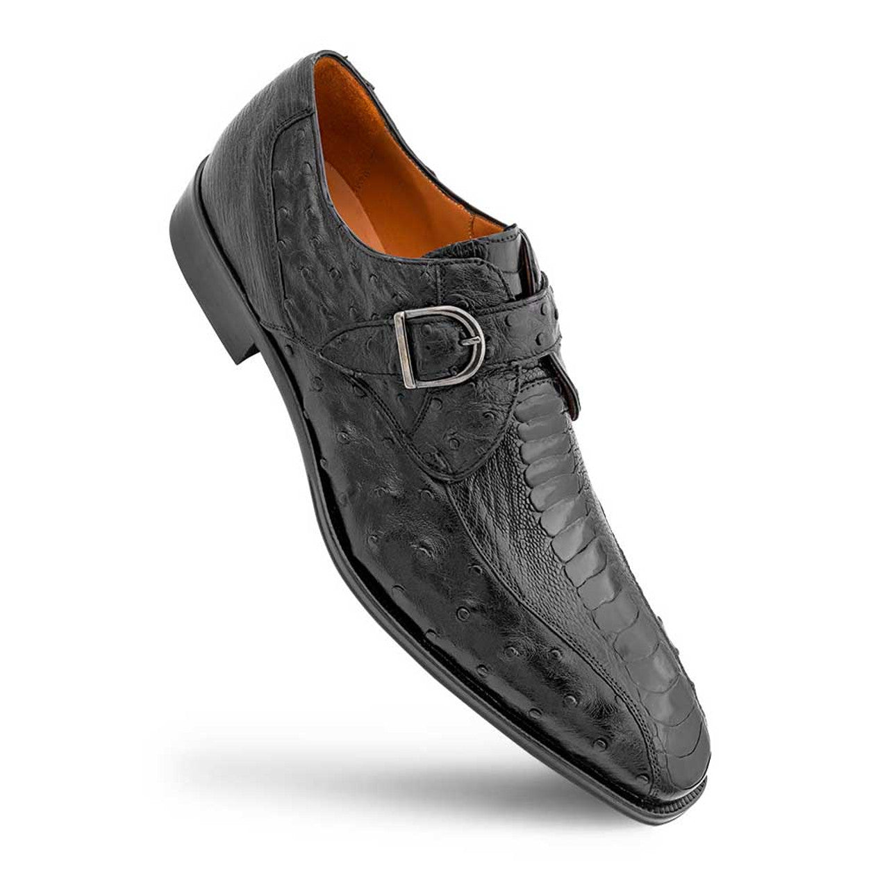 Men's Black Ostrich Leather Monk Strap Shoes: Luxurious Genuine Quill Dress Shoes by Mezlan