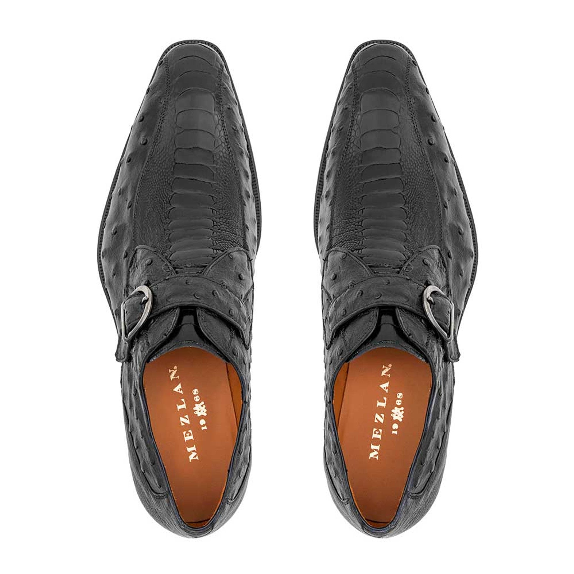 Men's Black Ostrich Leather Monk Strap Shoes: Luxurious Genuine Quill Dress Shoes by Mezlan