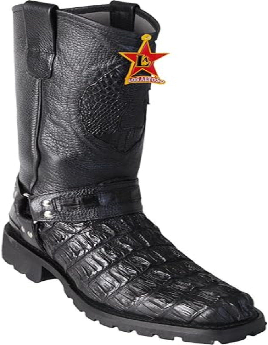 Men's Leather Caiman Cowboy Boots - Western Biker Motorcycle Boots with Rugged Sole