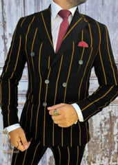 Men's 1920s Gangster Pinstripe Suit Double-Breasted Black Gold Vintage Costume Zoot Suit