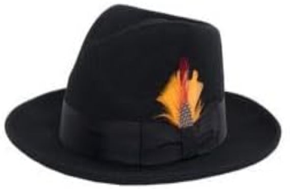 Men's Wool Fedora Hat - Crushable, Classic Gangster Style with Removable Feather (Black/Grey)