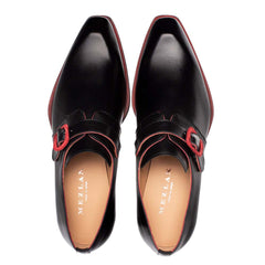 Mezlan Men's Black Leather Monk Strap Dress Shoes with Red Accents - Profumo