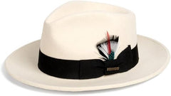 Men's Wool Fedora Hat - Crushable, Classic Gangster Style with Removable Feather (White/Black)