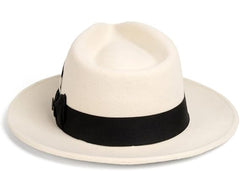 Men's Wool Fedora Hat - Crushable, Classic Gangster Style with Removable Feather (White/Black)