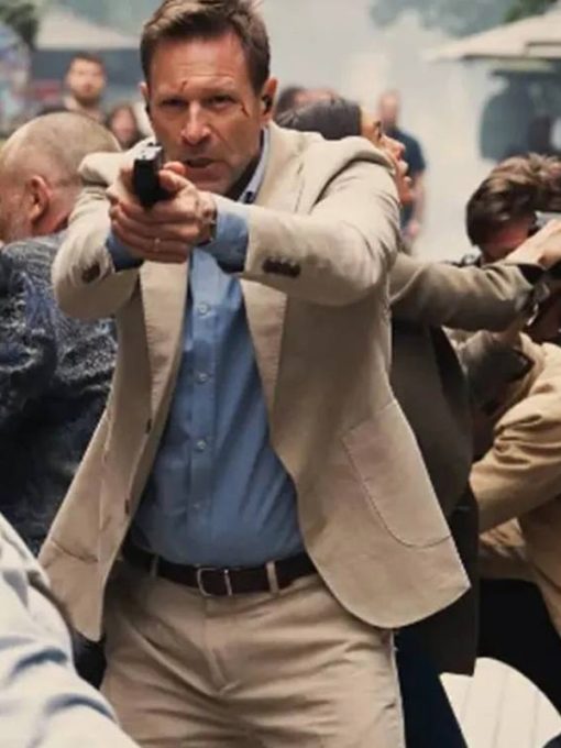 Aaron Eckhart The Bricklayer (2024) Movie Style Grey Suit