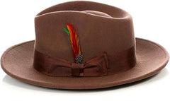 Men's Wool Fedora Hat - Crushable, Australian Wool Felt Fedora with Removable Feather - Brown Gangster Hat