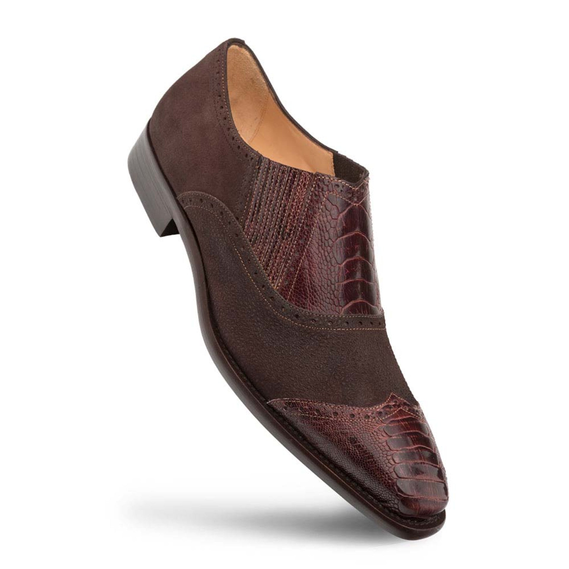 Men's Mezlan Slip-On Dress Shoes: Brown Ostrich & Suede Leather Loafers