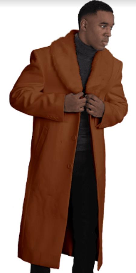 Men's Brown Wool Overcoat with Fur Collar - Winter Warm Topcoat