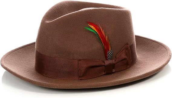 Men's Wool Fedora Hat - Crushable, Australian Wool Felt Fedora with Removable Feather - Brown Gangster Hat