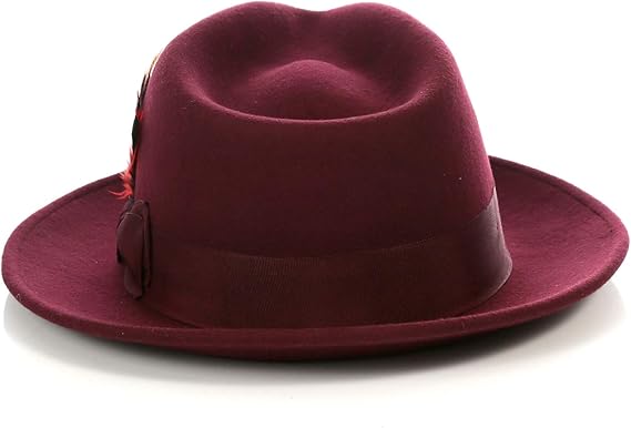 Men's Burgundy Fedora Hat 100% Australian Wool Crushable - Removable Feather