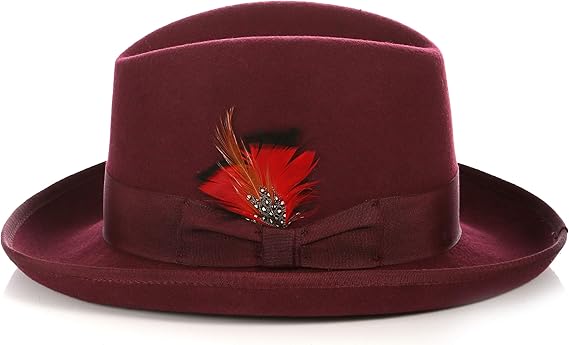 Men's Burgundy Fedora Hat 100% Australian Wool Crushable - Removable Feather