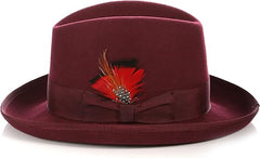 Men's Burgundy Fedora Hat 100% Australian Wool Crushable - Removable Feather