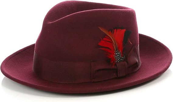 Men's Burgundy Fedora Hat 100% Australian Wool Crushable - Removable Feather