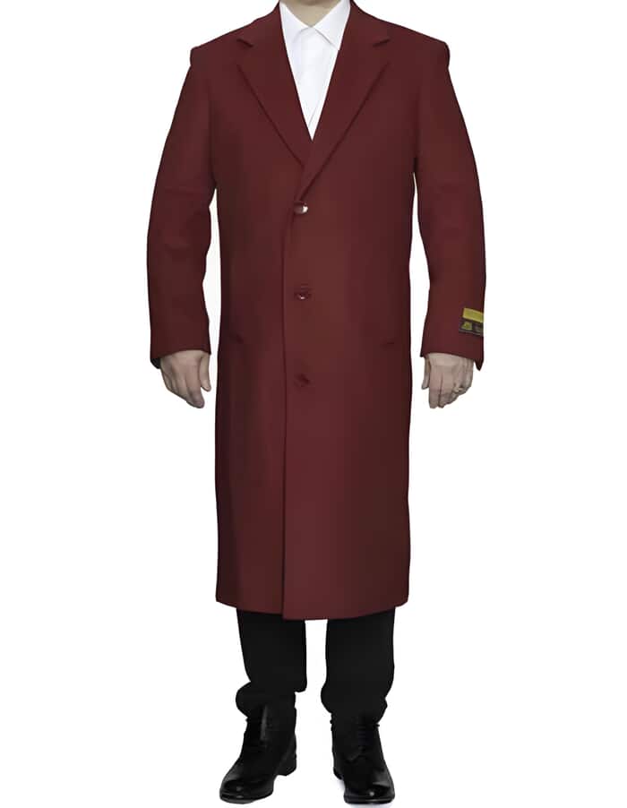 Men's Burgundy Wool Overcoat - Full Length Top Coat