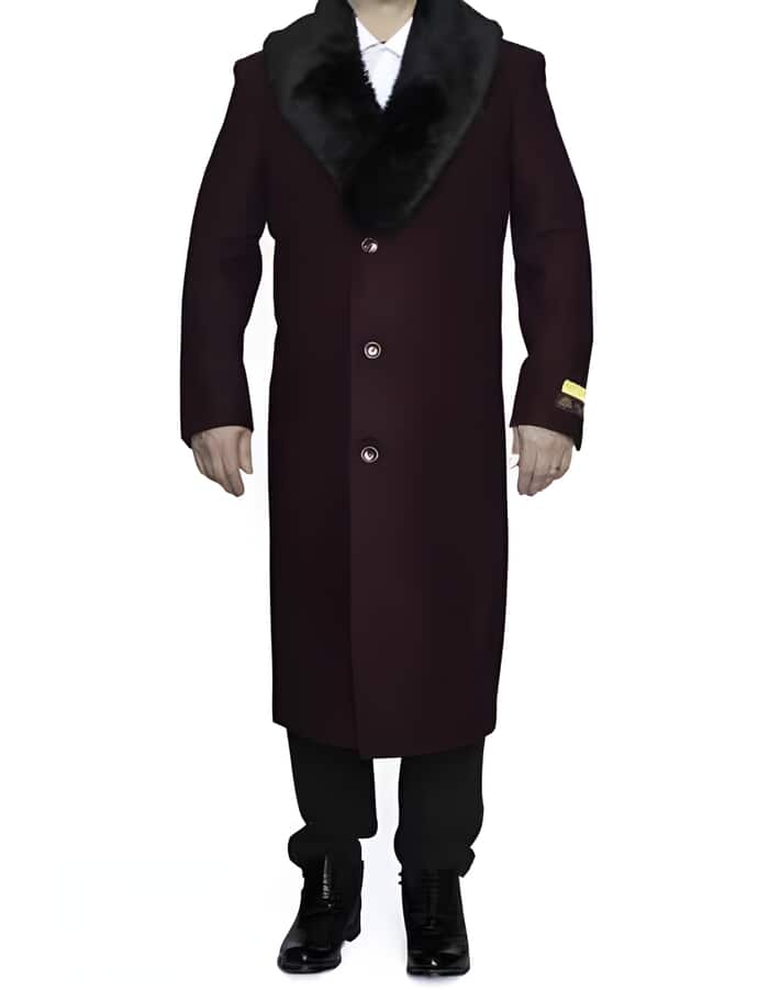 Women's Burgundy Wool Coat with Removable Faux Fur Collar | Full Length Winter Dress Coat