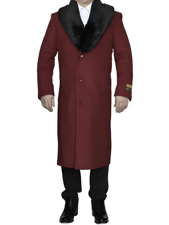 Women's Burgundy Wool Coat with Removable Faux Fur Collar | Long Winter Dress Coat