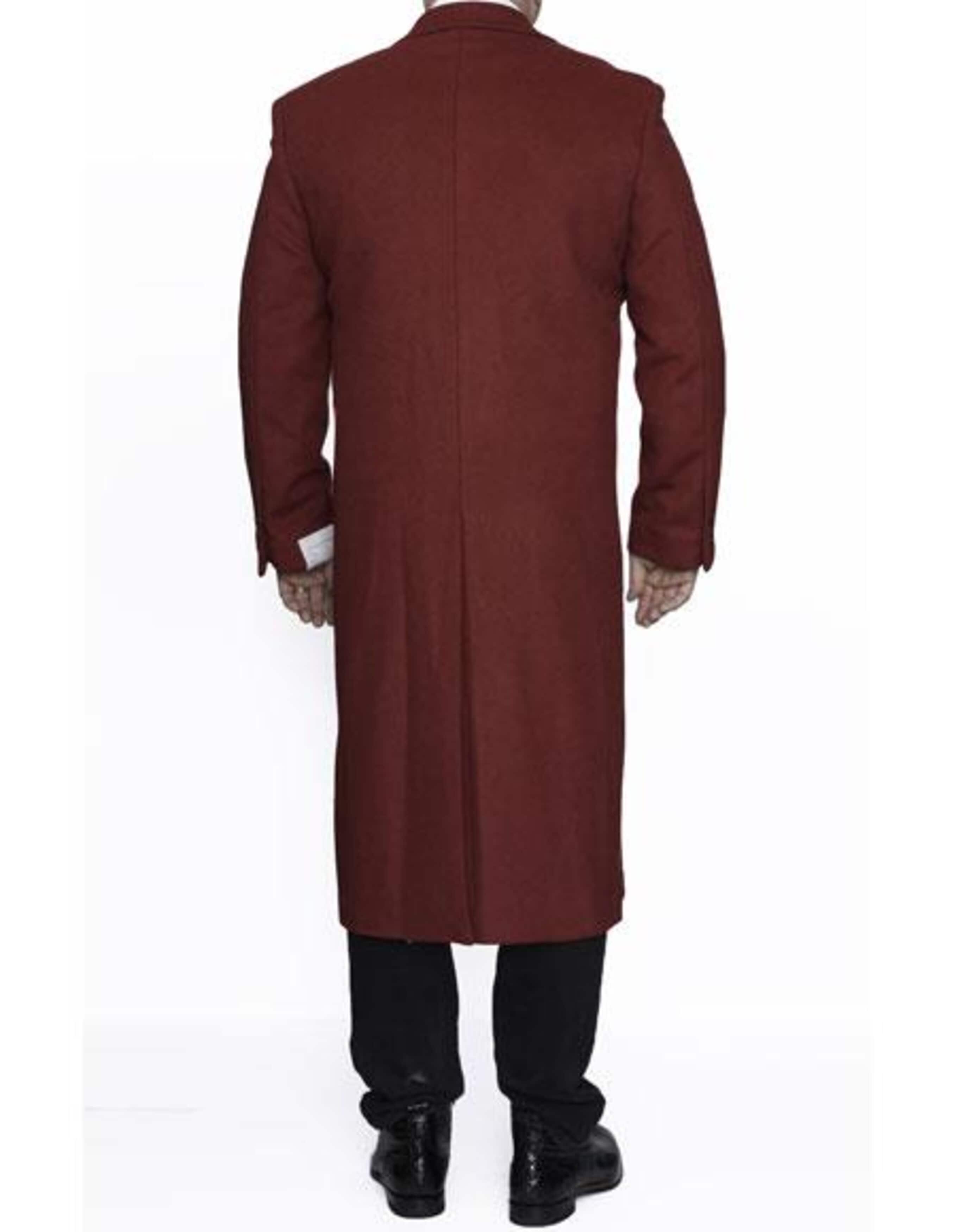 Men's Burgundy Wool Overcoat - Full Length Top Coat