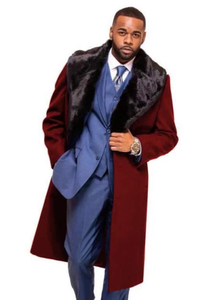 Men's Burgundy Wool Overcoat with Fur Collar - Long Winter Dress Coat