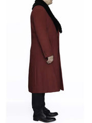 Women's Burgundy Wool Coat with Removable Faux Fur Collar | Long Winter Dress Coat