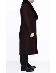 Women's Burgundy Wool Coat with Removable Faux Fur Collar | Full Length Winter Dress Coat