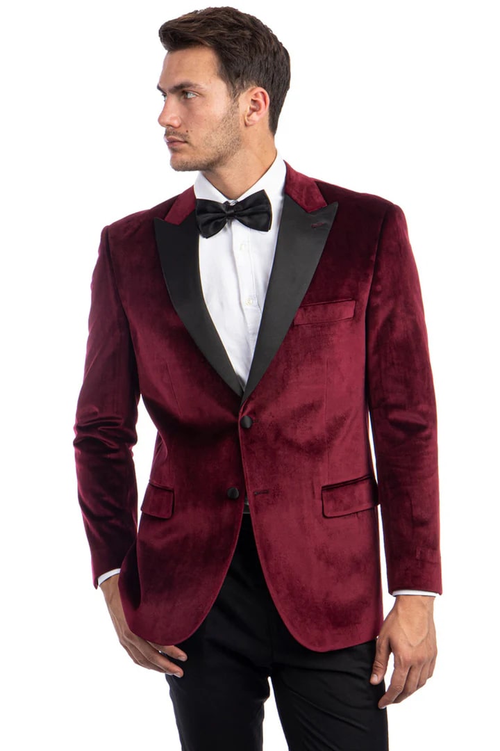 Burgundy Velvet Tuxedo Jacket Men's Slim Fit Peak Lapel Wedding Prom Suit Blazer