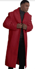 Men's Burgundy Wool Overcoat with Fur Collar - Winter Warm Single Breasted Topcoat