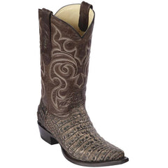 Men's Brown Caiman Belly Cowboy Boots: Sanded Finish Snip Toe Western Dress Boots