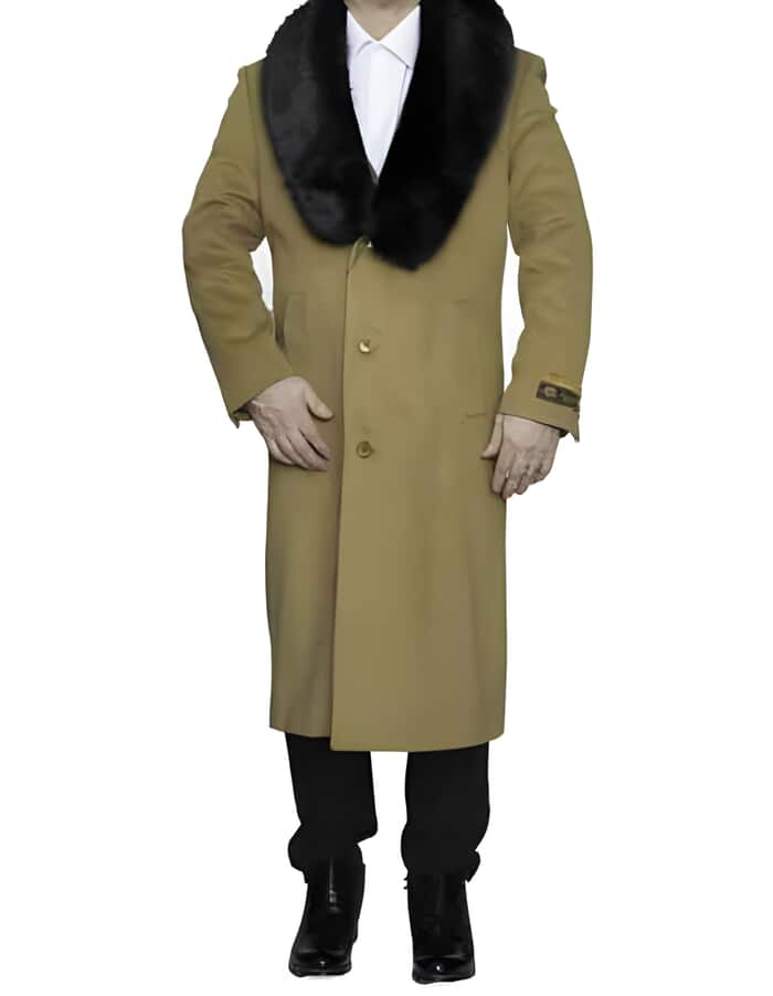 Men's Camel Wool Winter Coat with Removable Fur Collar | Ankle-Length Topcoat/Overcoat