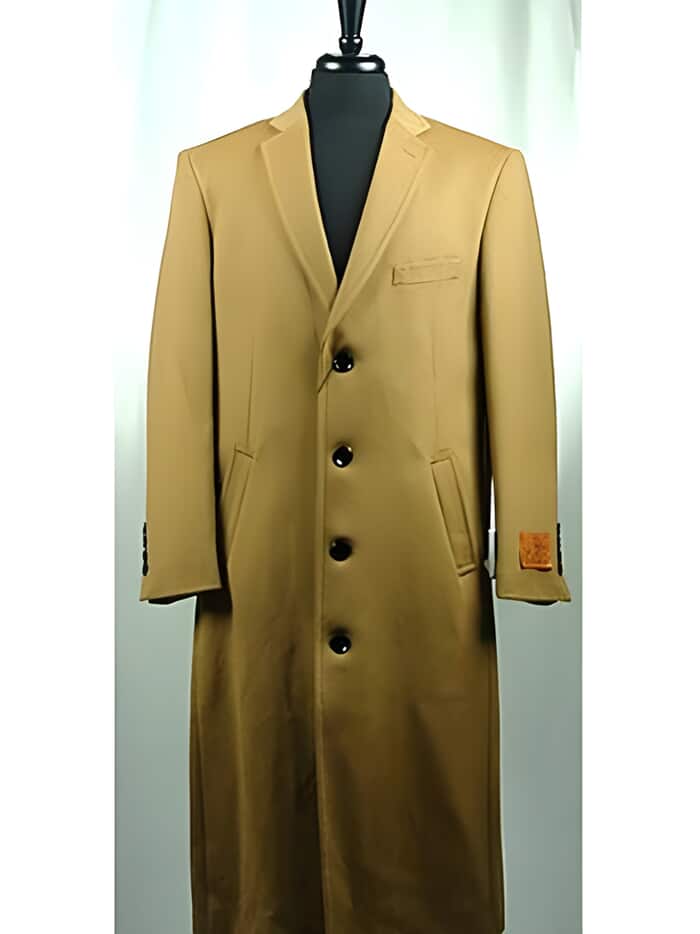 Men's Camel Wool Blend Overcoat - Classic Bravo Topcoat with 4 Buttons