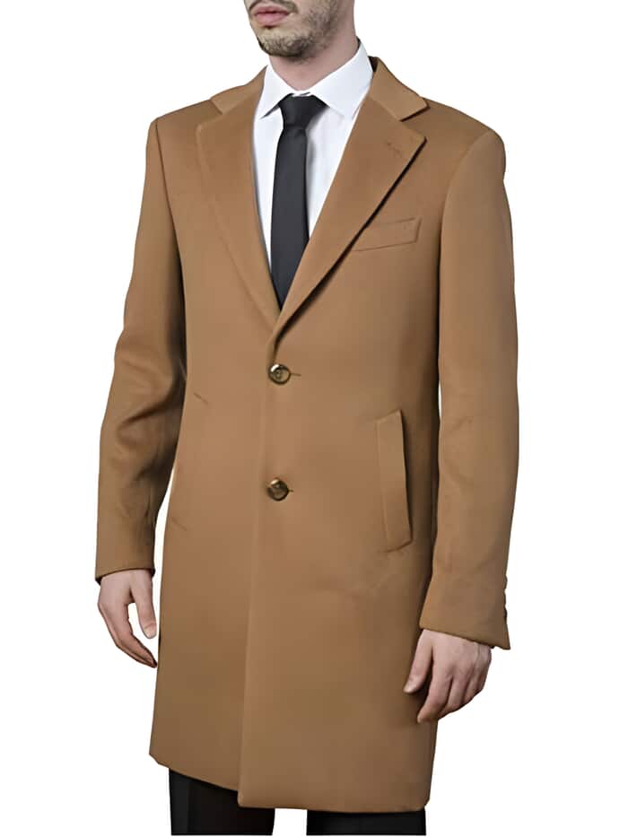 Men's Camel Topcoat - Modern Fit Winter Dress Coat (Polyester/Viscose/Spandex)