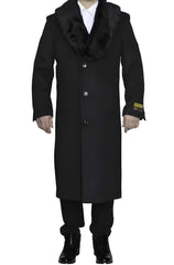 Men's Charcoal Grey Wool Overcoat with Removable Faux Fur Collar | Ankle-Length Winter Dress Coat