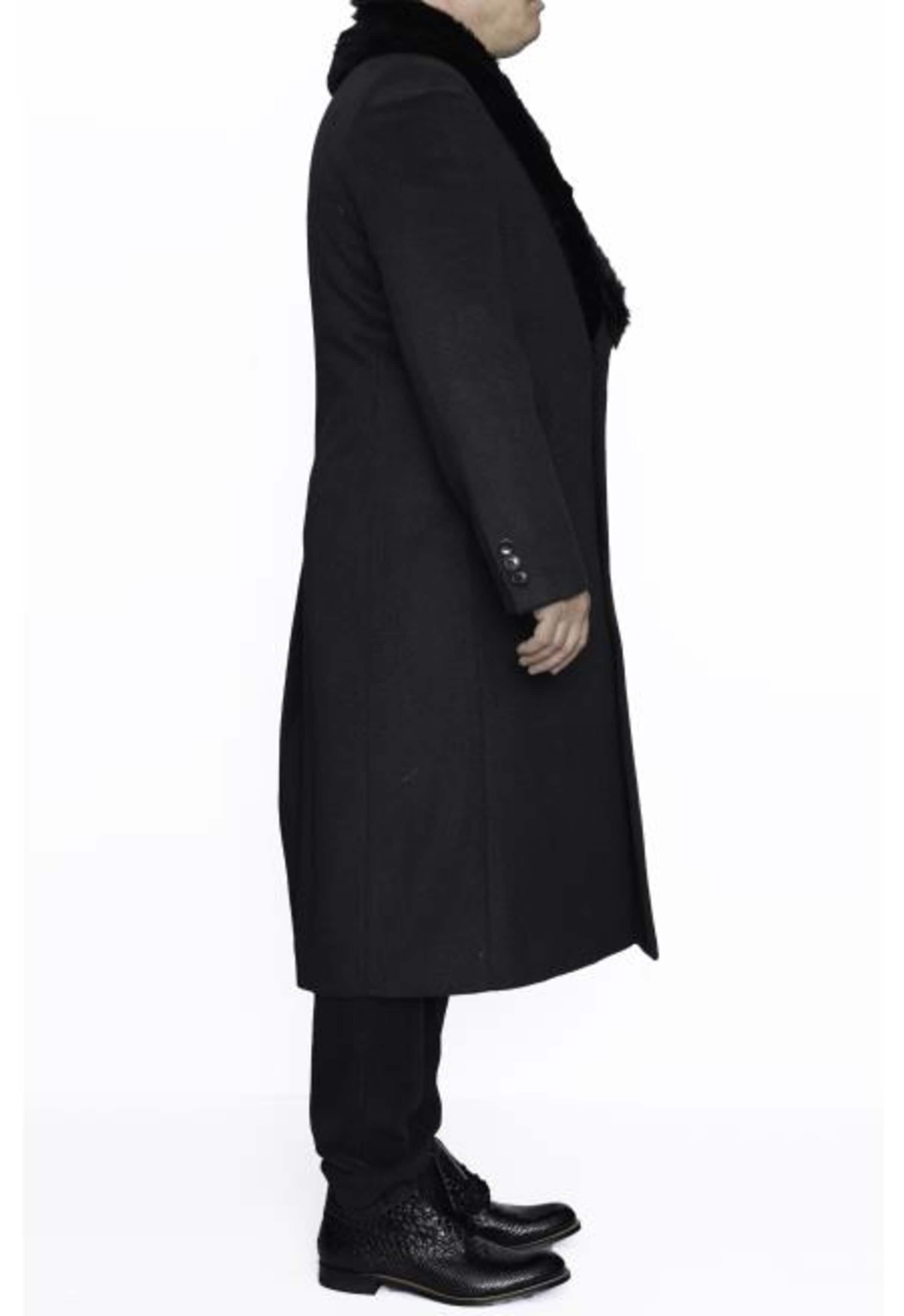 Men's Charcoal Grey Wool Overcoat with Removable Faux Fur Collar | Ankle-Length Winter Dress Coat